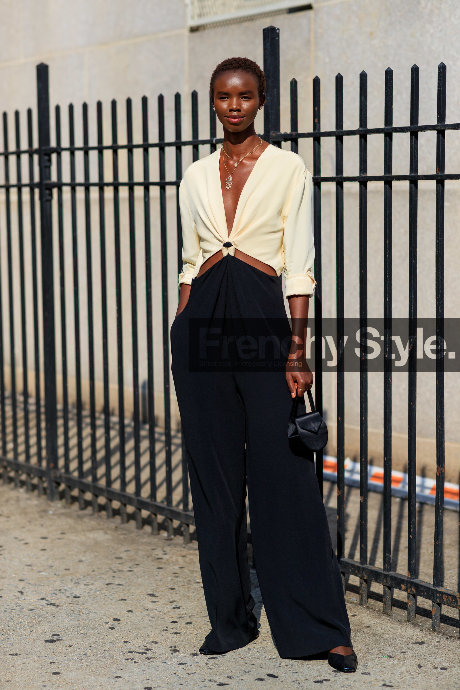 beige top, black bag, black pants, black shoes, jumpsuit, leather bag, leather shoes, mini bag, model, necklace, trousers, street style, jonathan paciullo, FW, frenchystyle, fashion week, NEW YORK, NYFW, SPRING SUMMER 2020, SS 20, vertical, full length