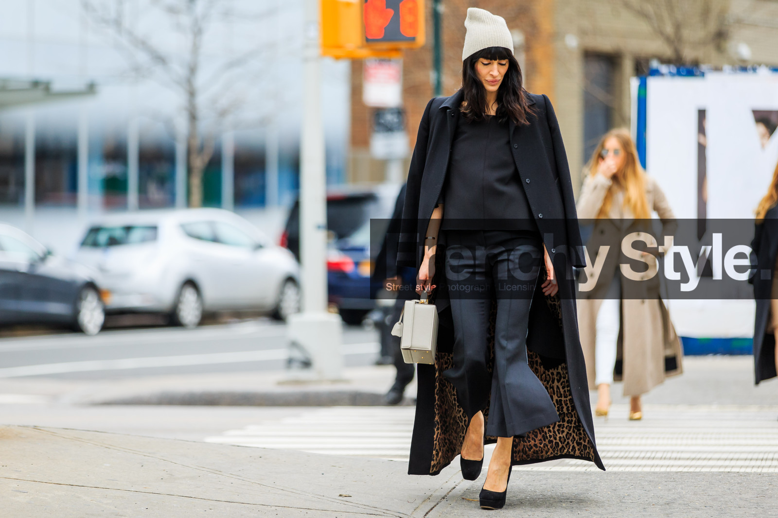 animal print, atmosphere details, AUTUMN WINTER 2016-2017, AW 16-17, black coat, black heels, black pants, black top, Clothing, fashion week, frenchystyle, full length, FW, FW 16-17, grey beanie, horizontal, jonathan paciullo, leather bag, leopard print, long coat, NEW YORK, NYFW, overcoat, street style, trousers, white bag, woman