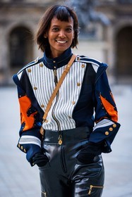black jacket, black pants, jacket, Liya Kebede, louis vuitton look, orange jacket, pants, patent pants, printed jacket, stripes, fashion week, frenchystyle, FW, jonathan paciullo, street style, PFW, PARIS, SPRING SUMMER 2022, SS 22, vertical, atmosphere details