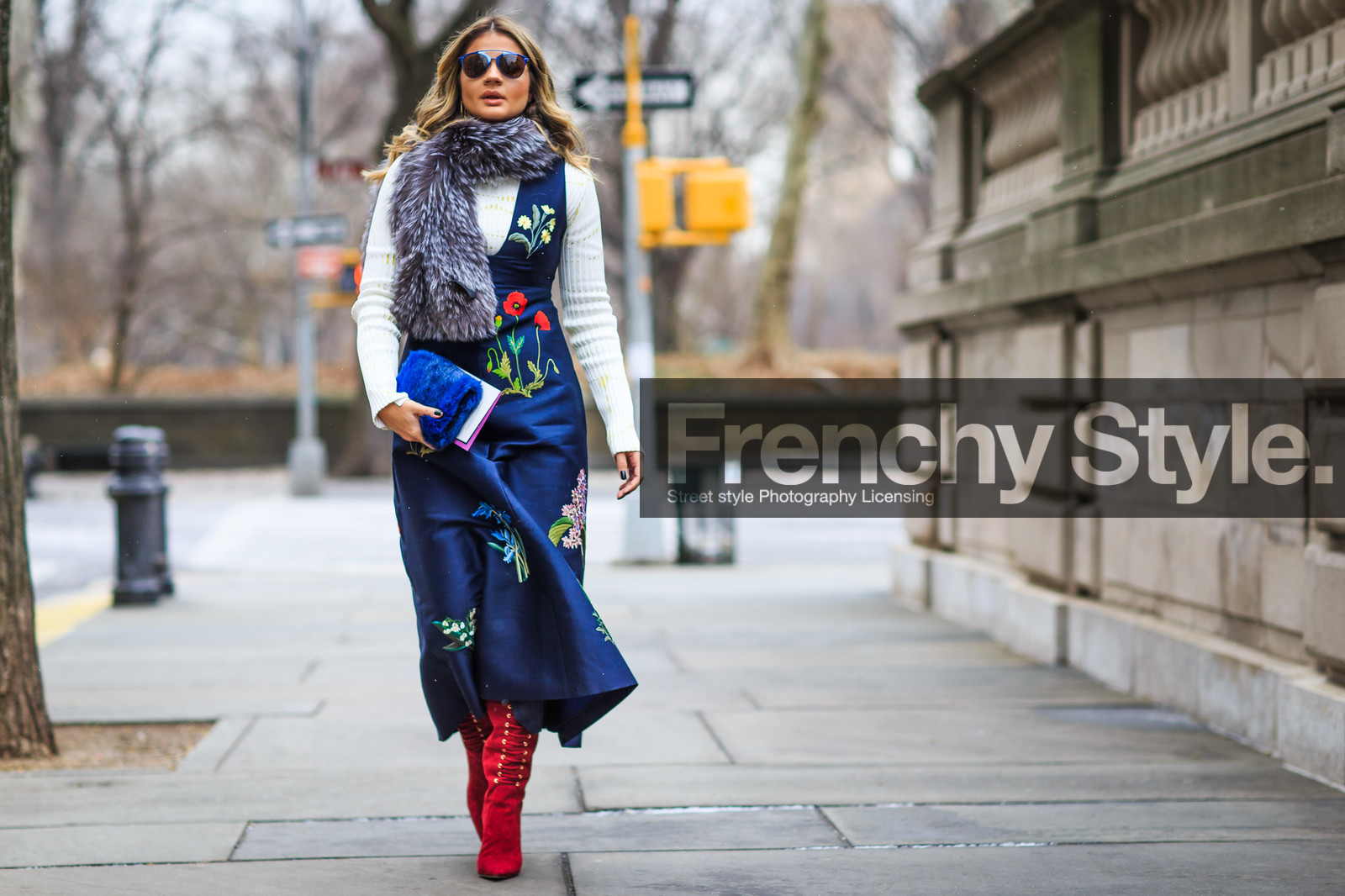 atmosphere details, AUTUMN WINTER 2016-2017, AW 16-17, blue bag, blue jumpsuit, embroidered jumpsuit, fashion week, floral, flower, frenchystyle, full length, fur bag, fur scarf, FW, FW 16-17, grey fur, grey scarf, high boots, high heels, horizontal, jonathan paciullo, navy jumpsuit, NEW YORK, NYFW, printed jumpsuit, red boots, street style, suede shoes, sunglasses, thassia naves, white sweater, woman