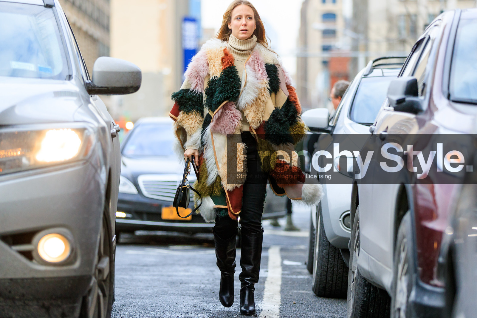 atmosphere details, AUTUMN WINTER 2017-2018, AW 17-18, beige knit, black bag, black boots, FALL WINTER 2017-2018, fashion week, frenchystyle, full length, Fur coat, fur jacket, FW, FW 17-18, green fur, gucci, horizontal, jennifer neyt, jonathan paciullo, leather bag, leather boots, multicolor jacket, NEW YORK, NYFW, patchwork, pink fur, shearling, street style, trousers, turtleneck sweater