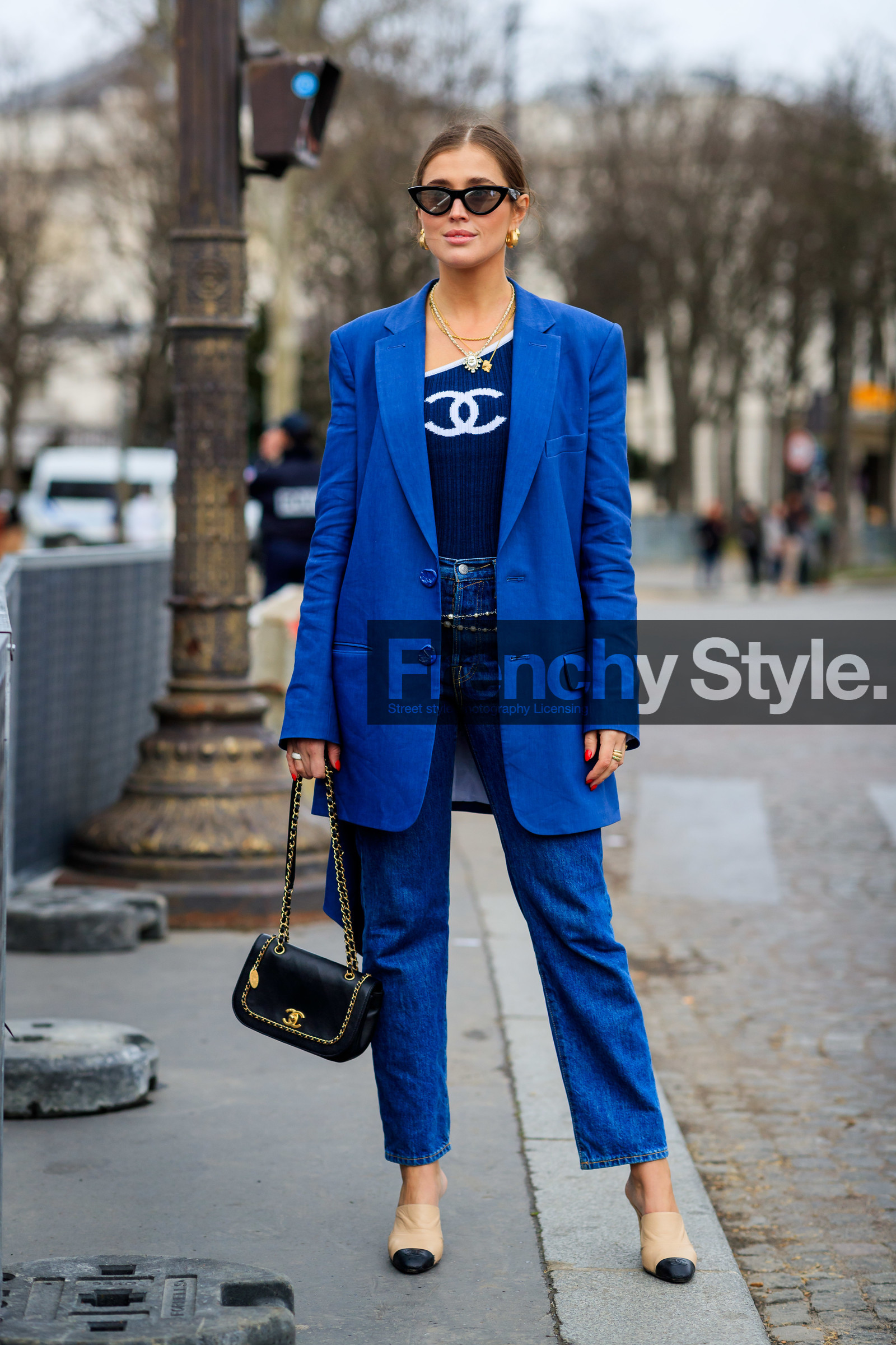 asymetric, beige shoes, belt, black bag, blazer, blue denim, blue jacket, blue top, chanel, denim pants, earrings, jeans, leather bag, leather shoes, necklace, one shoulder, pearls, printed top, sunglasses, trousers, PARIS, PFW, street style, jonathan paciullo, FW, frenchystyle, fashion week, AUTUMN WINTER 2019-2020, AW 19-20, FALL WINTER 2019-2020, FW 19-20, vertical, full length