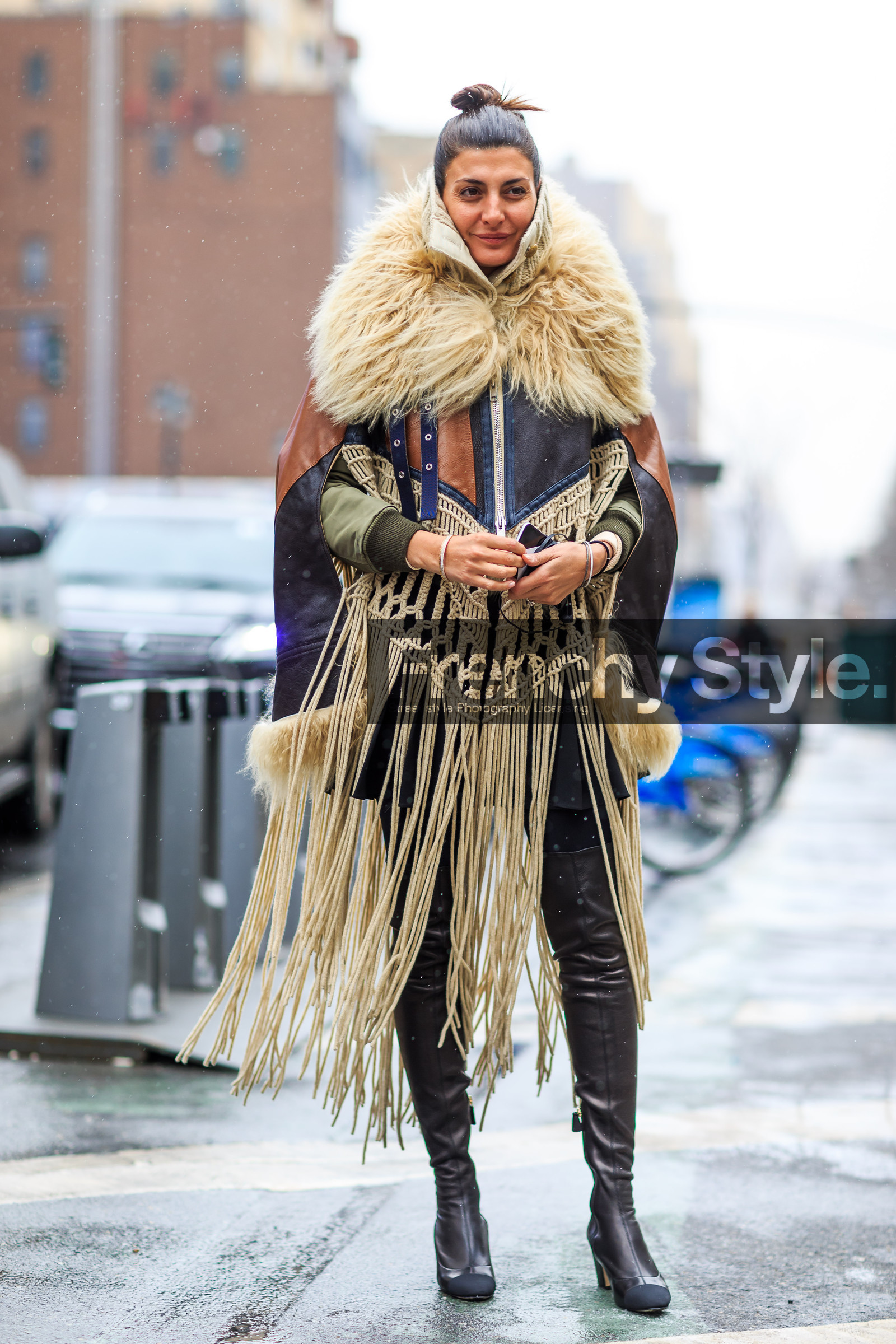 AUTUMN WINTER 2016-2017, AW 16-17, black boots, brown coat, brown jacket, chanel, embroidered coat, embroidered jacket, fashion week, frenchystyle, fringes, full length, fur co, fur coat, fur collar, FW, FW 16-17, giovanna battaglia, high boots, inuit, jonathan paciullo, leather boots, leather coat, NEW YORK, NYFW, sacai, street style, vertical, white fur, woman