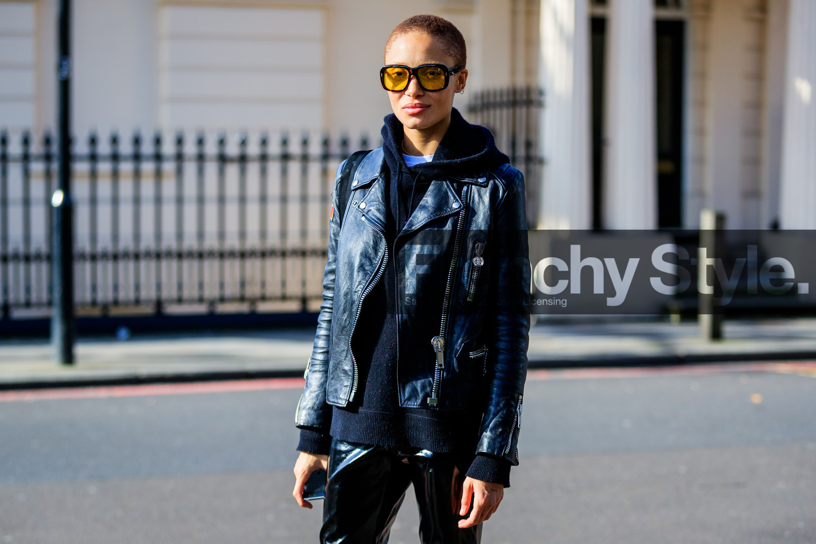 adwoa aboah, atmosphere details, AUTUMN WINTER 2017-2018, AW 17-18, black jacket, black pants, black perfecto, black sweater, detail, FALL WINTER 2017-2018, fashion week, frenchystyle, FW, FW 17-18, hoodie, horizontal, jonathan paciullo, leather jacket, leather pants, leather perfecto, LFW, LONDON, model, street style, sunglasses, tone on tone, total look black, trousers, vinyl