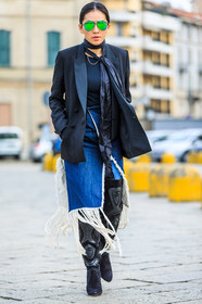 asymetric, AUTUMN WINTER 2016-2017, aviator sunglasses, AW 16-17, black boots, black jacket, black scarf, blazer, blue denim, denim skirt, FALL WINTER 2016-2017, fashion week, frenchystyle, fringes, full length, FW, FW 16-17, graphic skirt, high boots, high heels, jonathan paciullo, leather boots, LFW, LONDON, MENSWEAR, necklace, street style, suede shoes, sunglasses, tina leung, vertical