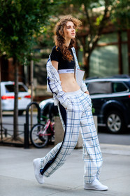 black top, checked jacket, checked pants, cropped top, fashion week, frenchystyle, full length, FW, graphic jacket, graphic pants, jonathan paciullo, model, NEW YORK, NYFW, off the shoulder, paco rabanne, plaid, printed jacket, printed pants, SPRING SUMMER 2018, SS 18, street style, trousers, vertical, white jacket, white pants, white sneakers