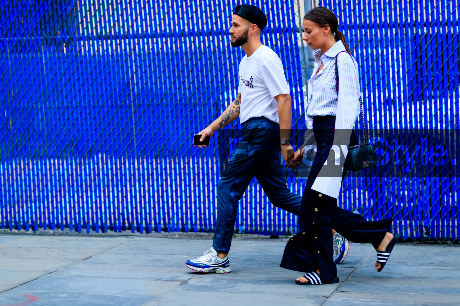 adidas, Alice & Js, atmosphere details, beret, black hat, black sandals, blue pants, blue sneakers, fashion week, frenchystyle, full length, FW, geometric, golden details, graphic shirt, horizontal, jonathan paciullo, men shirt, NEW YORK, NYFW, printed t shirt, SPRING SUMMER 2017, SS 17, street style, striped shirt, tattoos, trousers, white shirt, white t shirt, woman