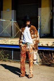 animal print pants, tiger pants, cowboy hat: white tshirt, furry coat, brown coat, printed pants, buckle belt, blue belt, necklaces, gilda ambrosio, fashion week, frenchystyle, FW, jonathan paciullo, street style, vertical, full length