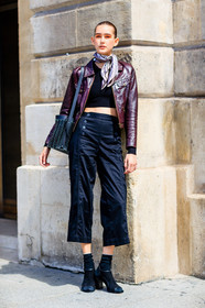 alexia bellini, AUTUMN WINTER 2016-2017, AW 16-17, beige scarf, black bag, black pants, black shoes, black socks, bordeaux, burgundy, embroidered bag, eyeshadow, FALL WINTER 2016-2017, fashion week, frenchystyle, full length, FW, FW 16-17, HAUTE COUTURE, high heels, jonathan paciullo, leather bag, leather jacket, MENSWEAR, model, PARIS, PFW, printed scarf, pulled back hair, red jacket, skincare, street style, suede shoes, trousers, vertical, wet hair