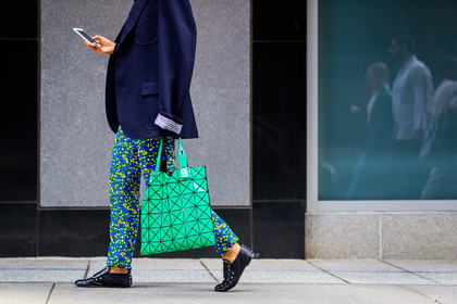 atmosphere details, black jacket, black shoes, blazer, blue jacket, detail, fashion week, floral, flowers, frenchystyle, FW, geometric, graphic bag, green bag, horizontal, issey miyake, jonathan paciullo, leather bag, multicolor pants, NEW YORK, NYFW, over the shoulder, printed pants, SPRING SUMMER 2018, SS 18, street style, trousers