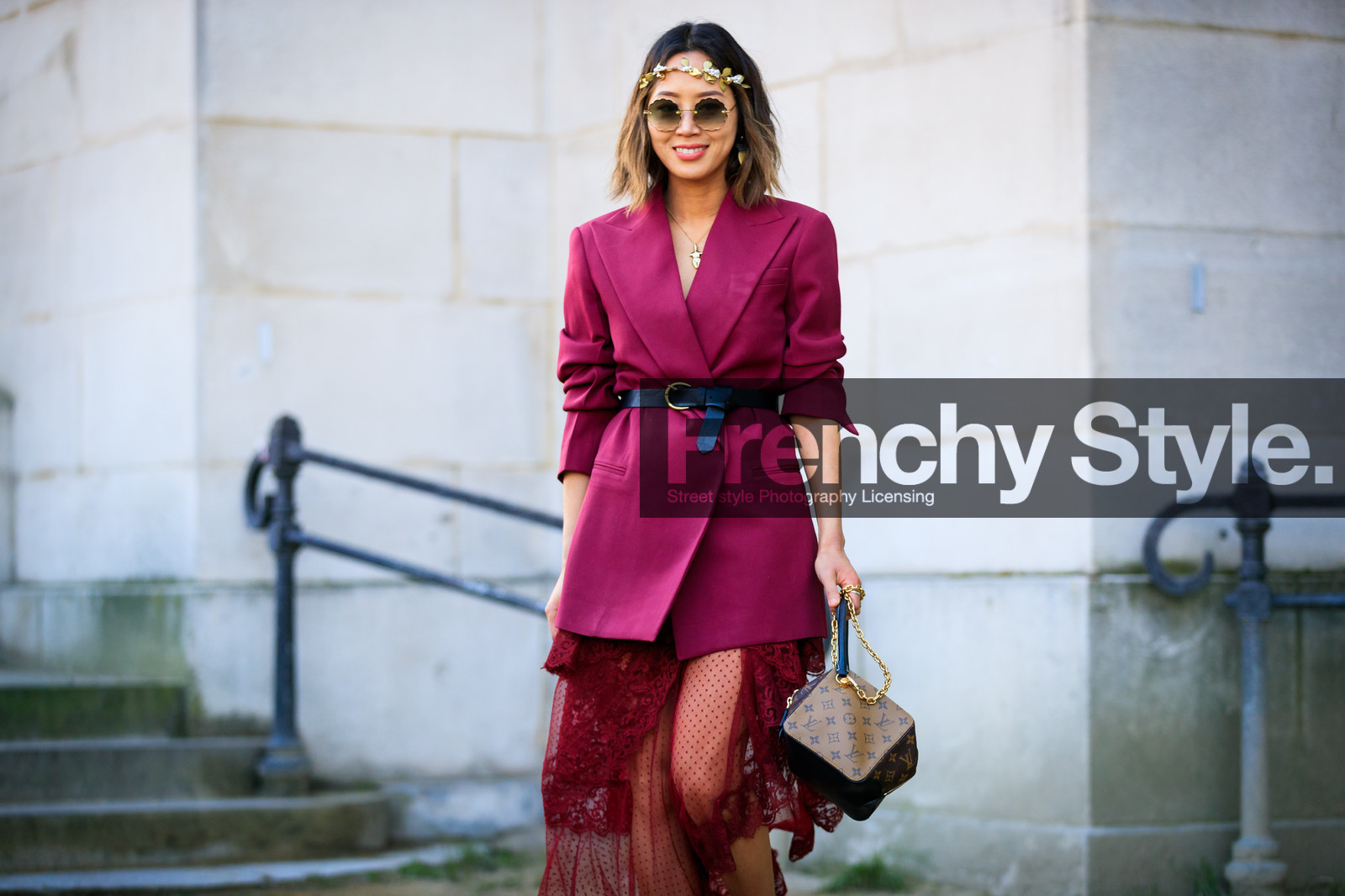 black belt, blazer, brown bag, graphic bag, headband, lace skirt, leather bag, leather belt, louis vuitton, monogram, pink jacket, printed bag, red skirt, satin stitch, sunglasses, street style, jonathan paciullo, FW, frenchystyle, fashion week, PFW, PARIS, AUTUMN WINTER 2018-2019, FALL WINTER 2018-2019, FW 18-19, horizontal, atmosphere details, aimee song
