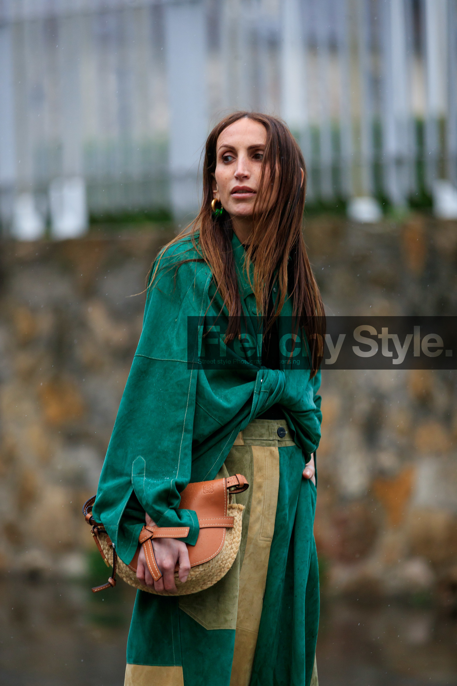 camel bag, chloe loulou de saison, earrings, graphic skirt, green shirt, green skirt, leather bag, leather shirt, loewe, printed skirt, suede skirt, PARIS, PFW, street style, jonathan paciullo, FW, frenchystyle, fashion week, AUTUMN WINTER 2019-2020, AW 19-20, FALL WINTER 2019-2020, FW 19-20, vertical, atmosphere details, detail