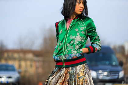 atmosphere details, AUTUMN WINTER 2016-2017, AW 16-17, detail, embroideries, FALL WINTER 2016-2017, fashion week, floral, flower, frenchystyle, FW, FW 16-17, graphic skirt, green jacket, gucci, horizontal, jonathan paciullo, LFW, LONDON, long skirt, margaret, zhang, MENSWEAR, pleated skirt, printed jacket, printed skirt, satin, silk skirt, street style, stripes, teddy jacket