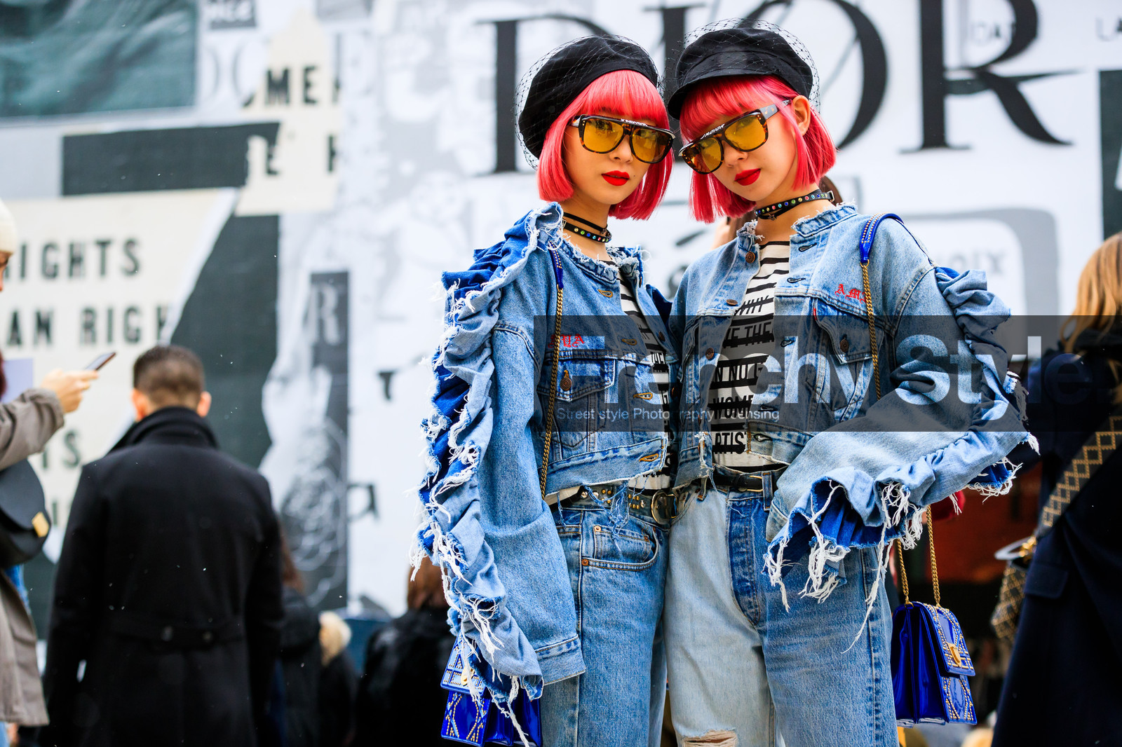 black cap, blue bag, blue denim, choker, denim jacket, denim pants, dyed hair, graphic jacket, graphic top, jeans, leather bag, necklace, pink hair, printed jacket, printed top, red lips, ripped pants, satin stitch, striped top, stripes, sunglasses, trousers, white top, fashion week, frenchystyle, FW, jonathan paciullo, street style, PFW, PARIS, AUTUMN WINTER 2018-2019, FALL WINTER 2018-2019, FW 18-19, horizontal, atmosphere details