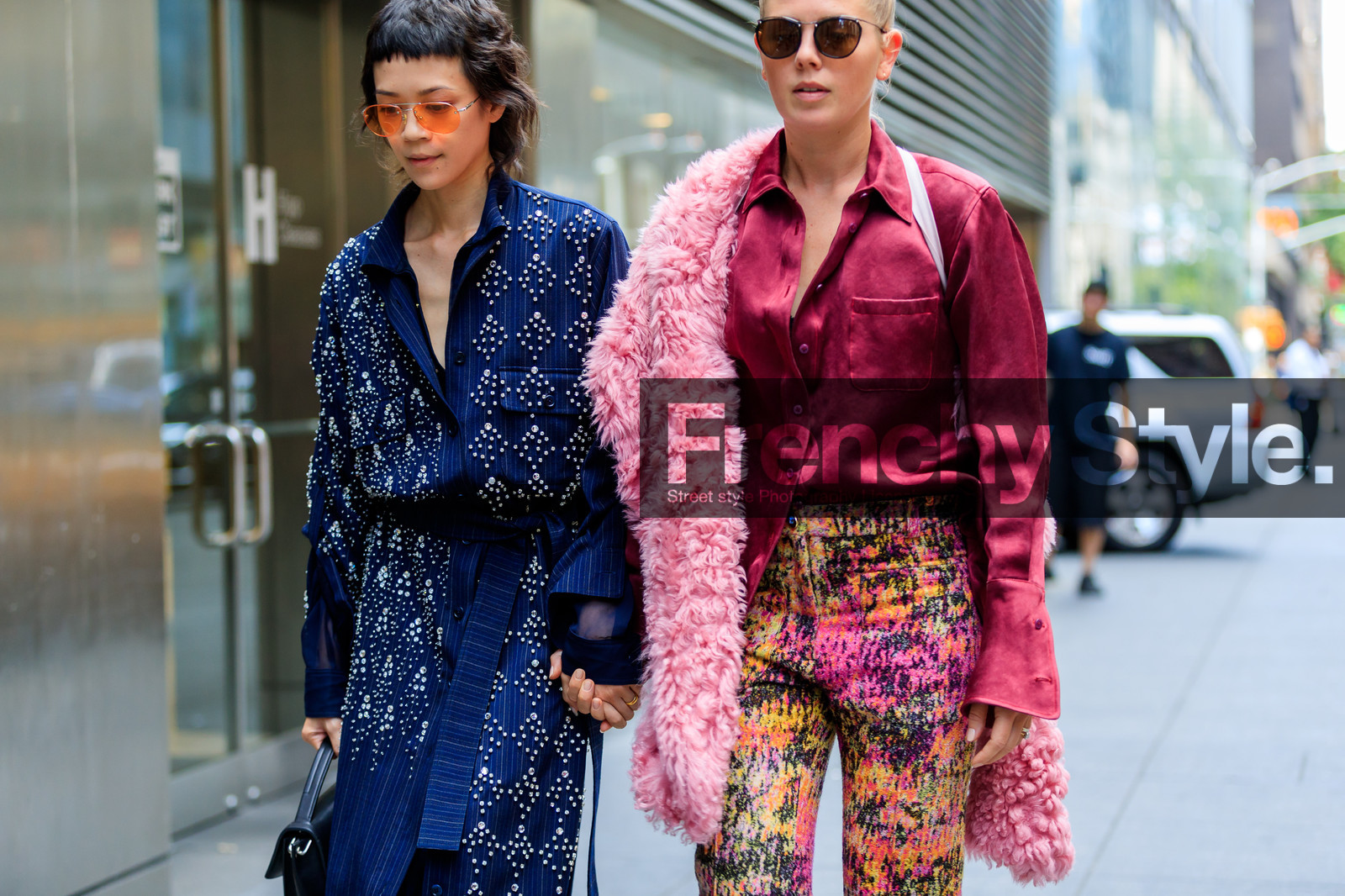 atmosphere details, black bag, blue dress, detail, embroidered dress, fashion week, frenchystyle, fur scarf, fuschia, FW, horizontal, jonathan paciullo, leather bag, megan bowman gray, NEW YORK, NYFW, patty lu, pearls, pink fur, pink pants, pink shirt, printed pants, red shirt, SPRING SUMMER 2017, SS 17, street style, sunglasses, trousers, woman