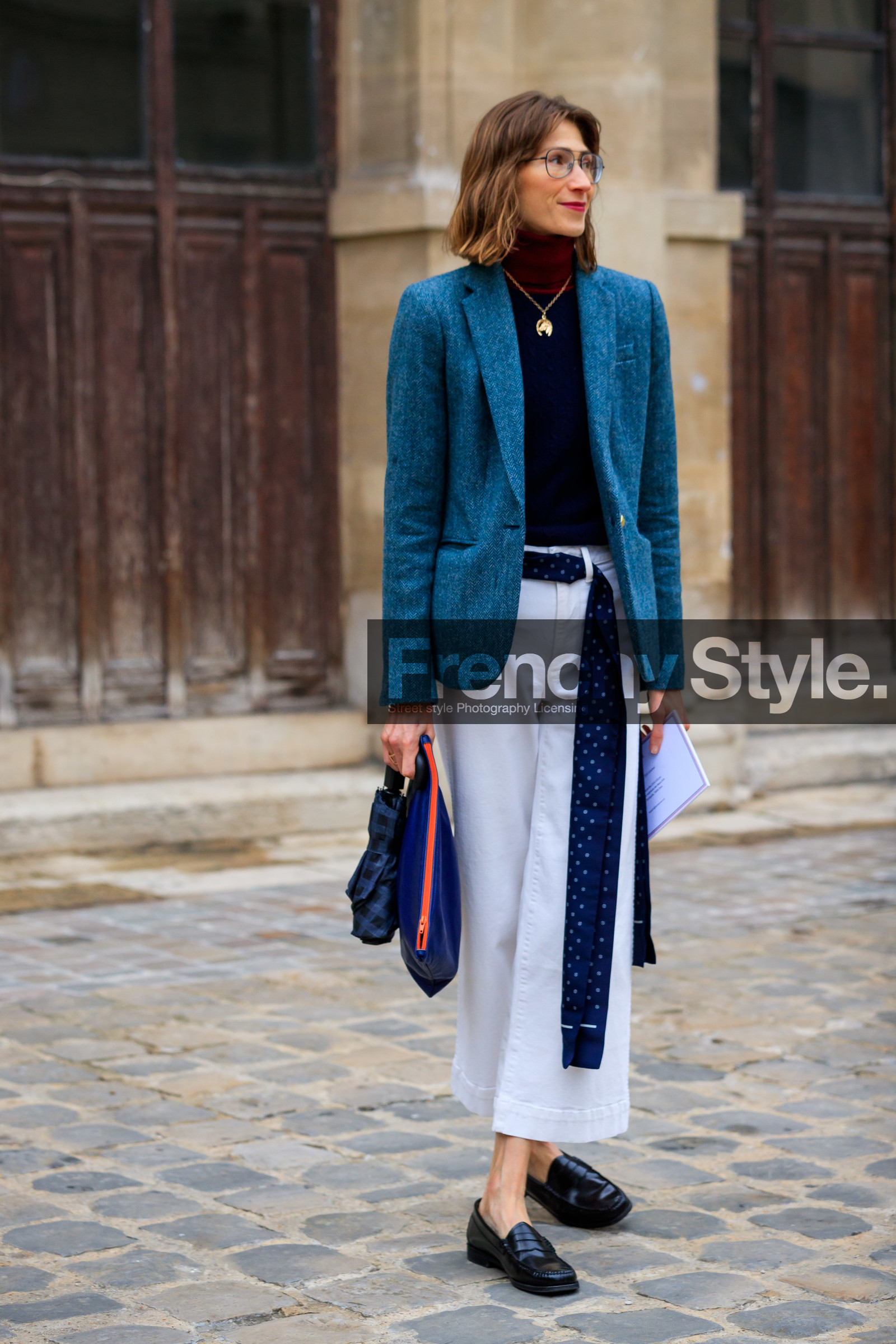 dark grey jacket, navy blue pullover, burgundy pullover, turtleneck pullover, navy blue scarf, silk scarf, scarf belt, black leather loafers, aviator glasses, fashion week, frenchystyle, FW, jonathan paciullo, street style, PFW, PARIS, SPRING SUMMER 2020, SS 20, horizontal, full length
