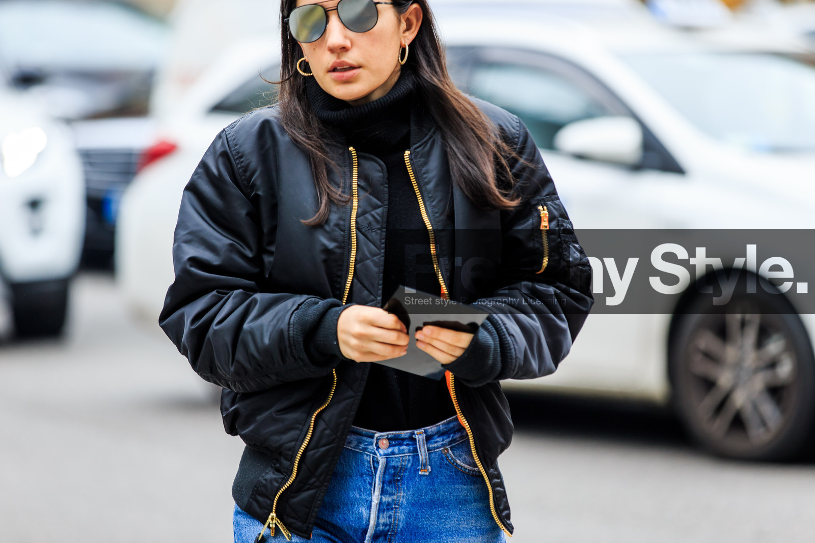 atmosphere details, AUTUMN WINTER 2016-2017, AW 16-17, black jacket, black sweater, black turtleneck, blue denim, bomber jacket, denim pants, detail, earrings, FALL WINTER 2016-2017, fashion week, frenchystyle, FW, FW 16-17, horizontal, jeans, jonathan paciullo, LFW, LONDON, MENSWEAR, street style, sunglasses, trousers