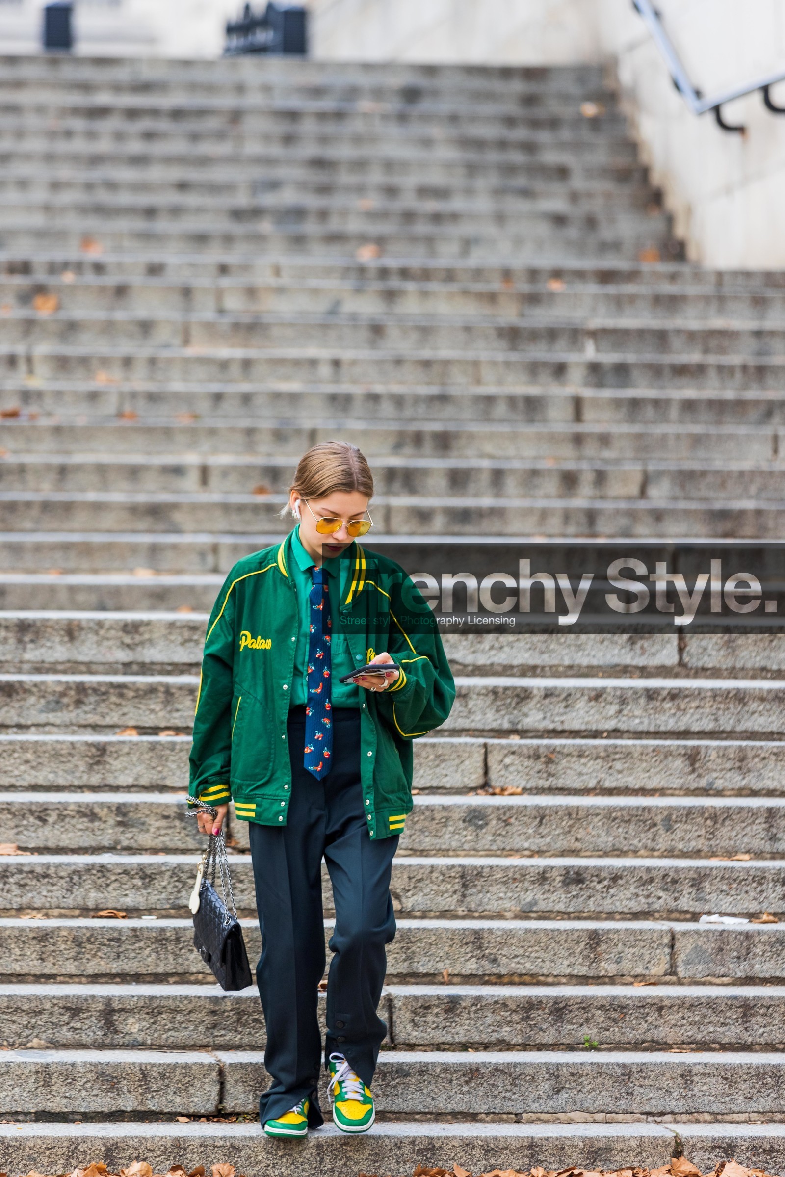 black, chanel, chanel bag, bomber jacket, jacket, green, tie, trousers, flared pants, print, sunglasses, fashion week, frenchystyle, FW, jonathan paciullo, street style, SS 22, SPRING SUMMER 2022, LFW, LONDON, vertical, full length