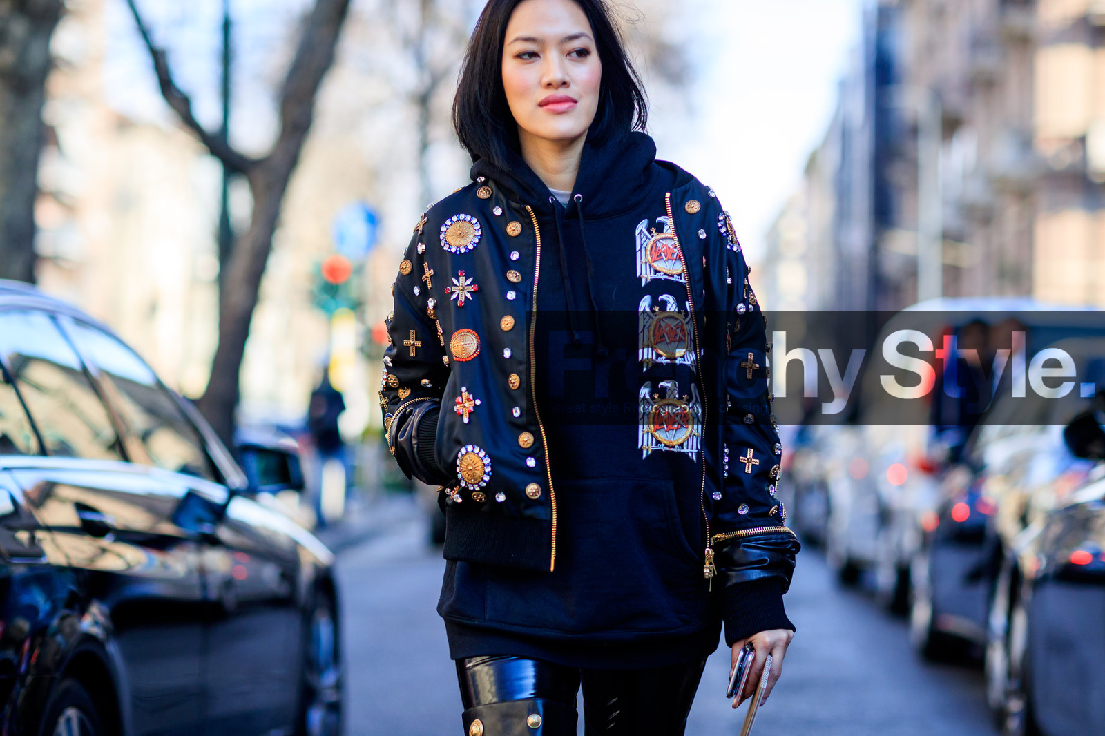 atmosphere details, AUTUMN WINTER 2017-2018, AW 17-18, black jacket, black pants, black sweater, detail, embroidered jacket, embroideries, FALL WINTER 2017-2018, fashion week, frenchystyle, FW, FW 17-18, graphic jacket, hoodie, horizontal, jonathan paciullo, leather pants, MFW, MILAN, printed jacket, street style, Tiffany Hsu, trousers