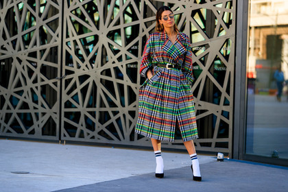 black belt, black shoes, checked, graphic jacket, grey coat, high heels, leather belt, leather shoes, plaid, printed jacket, tartan, white socks, PARIS, PFW, street style, jonathan paciullo, FW, frenchystyle, fashion week, AUTUMN WINTER 2019-2020, AW 19-20, FALL WINTER 2019-2020, FW 19-20, horizontal, atmosphere details, full length