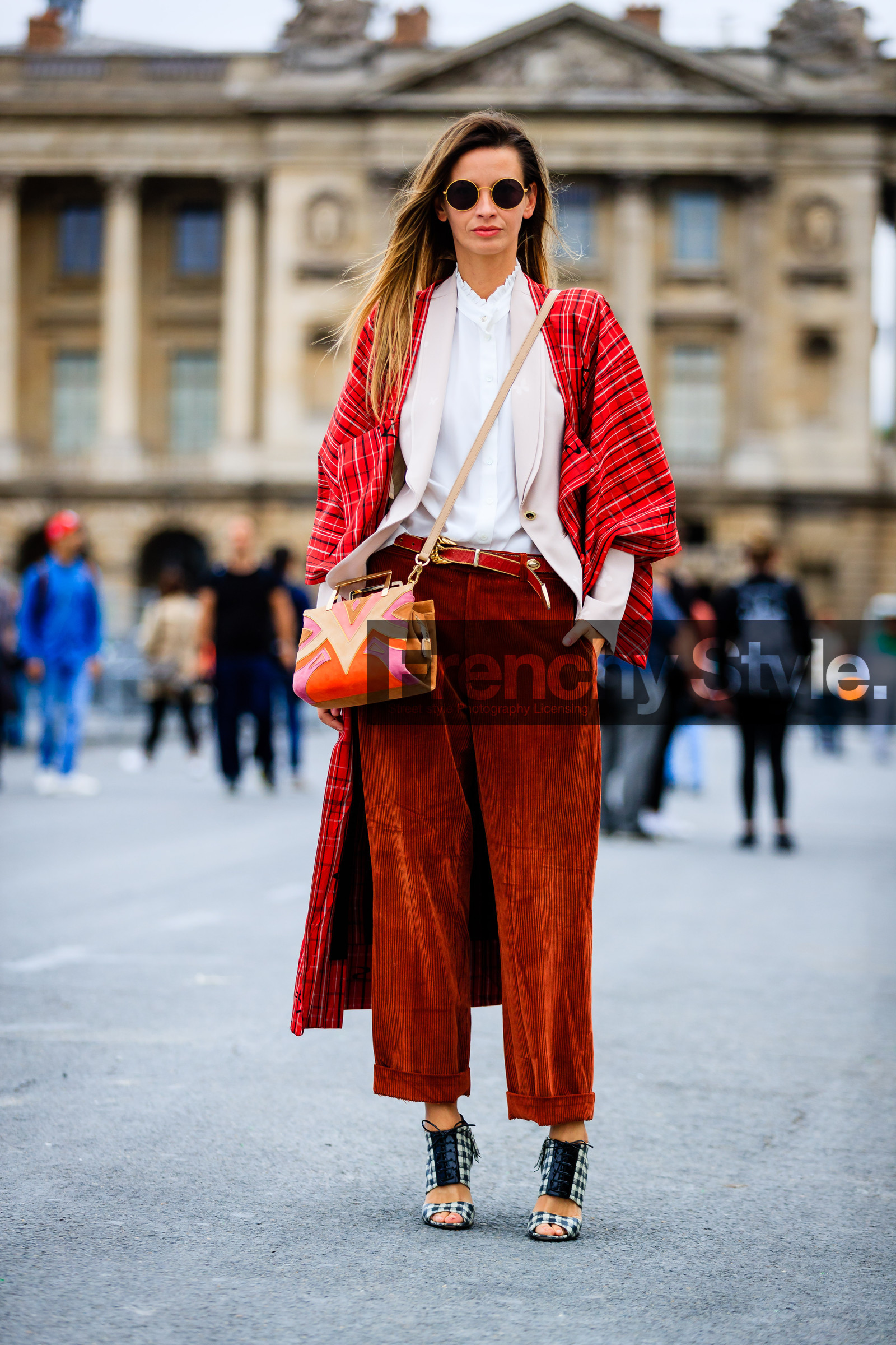 black and white shoes, blazer, Clara Racz, corduroy, fashion week, frenchystyle, full length, FW, graphic bag, high heels, jonathan paciullo, leather bag, leather belt, leather shoes, PARIS, PFW, pink jacket, printed bag, red bag, red belt, red jacket, red pants, SPRING SUMMER 2017, SS 17, street style, sunglasses, trousers, velvet, vertical, white shirt