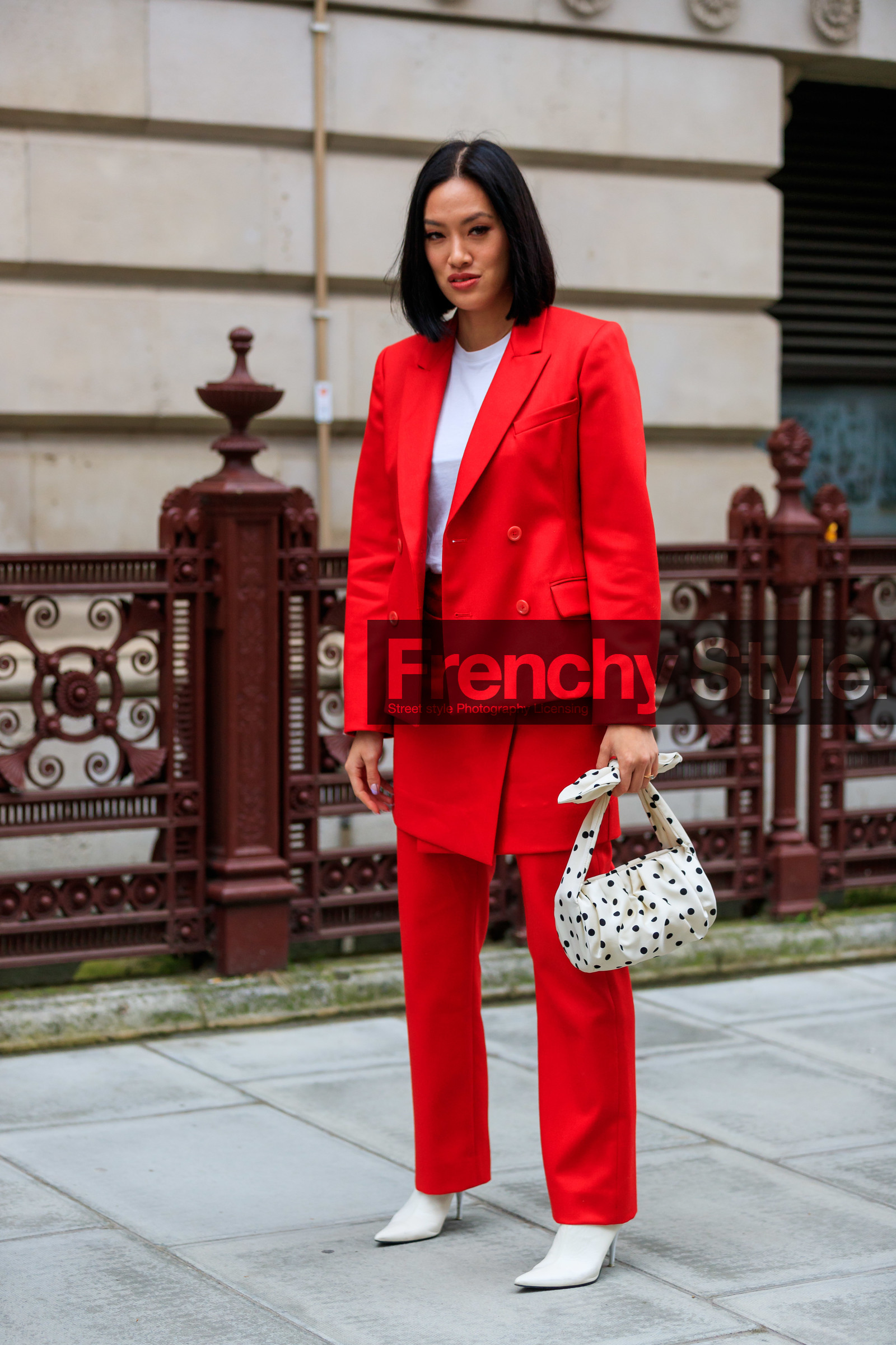 graphic bag, high heels, leather bag, leather shoes, polka dot, printed bag, red jacket, red pants, red skirt, red suit, Tiffany Hsu, trousers, white bag, white boots, white t shirt, street style, jonathan paciullo, FW, frenchystyle, fashion week, LFW, LONDON, AUTUMN WINTER 2019-2020, AW 19-20, FW 19-20, FALL WINTER 2019-2020, vertical, full length