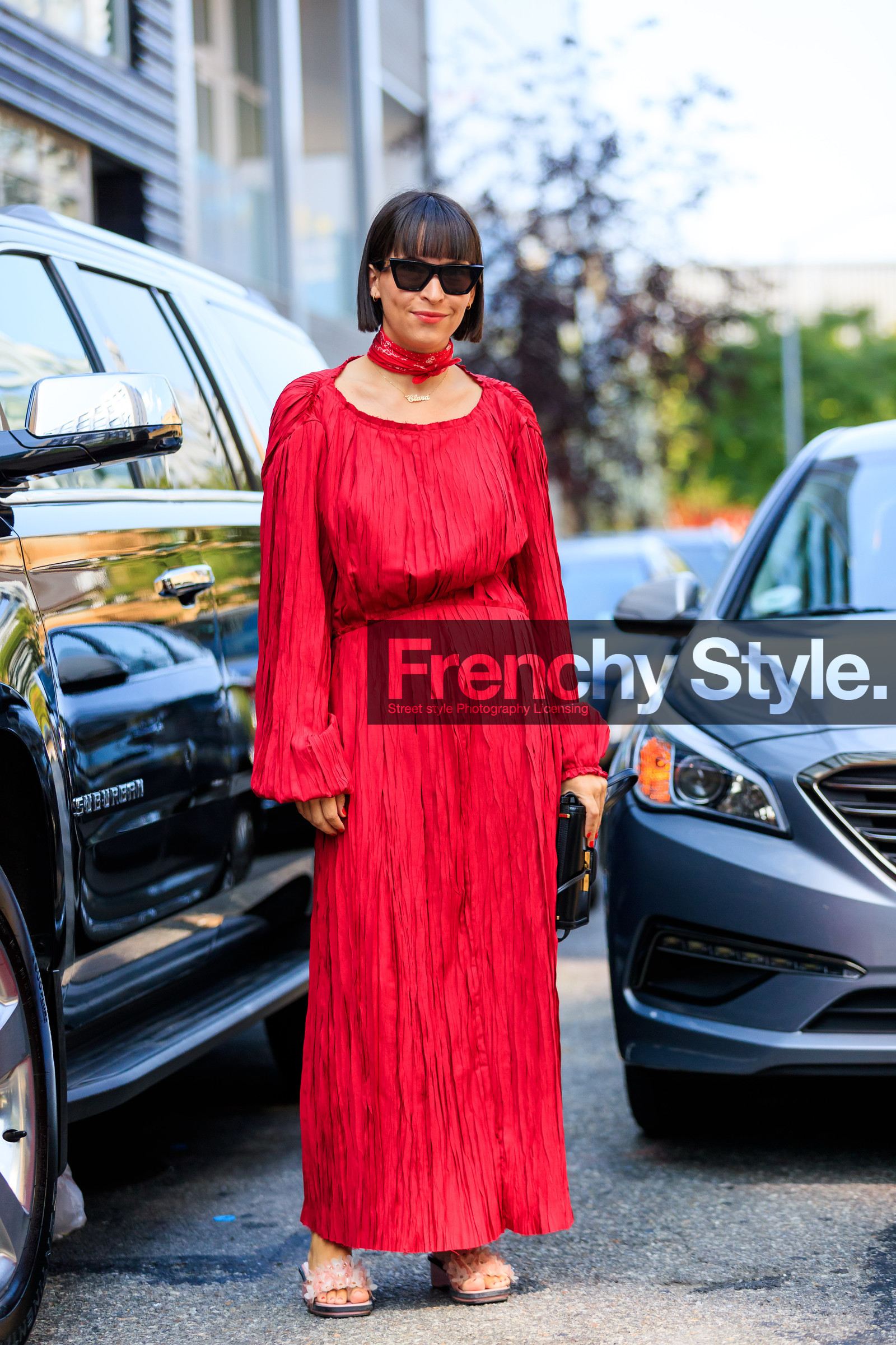 black bag, clara cornet, fashion week, frenchystyle, full length, FW, jonathan paciullo, NEW YORK, NYFW, red dress, red scarf, SPRING SUMMER 2018, SS 18, street style, sunglasses, vertical