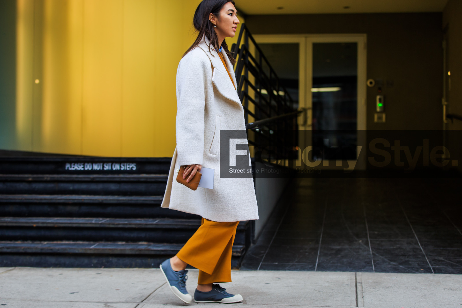 atmosphere details, AUTUMN WINTER 2016-2017, AW 16-17, fashion week, frenchystyle, full length, FW, FW 16-17, grey sneakers, horizontal, jonathan paciullo, meruyert ibragim, NEW YORK, NYFW, street style, trousers, white coat, woman, yellow pants