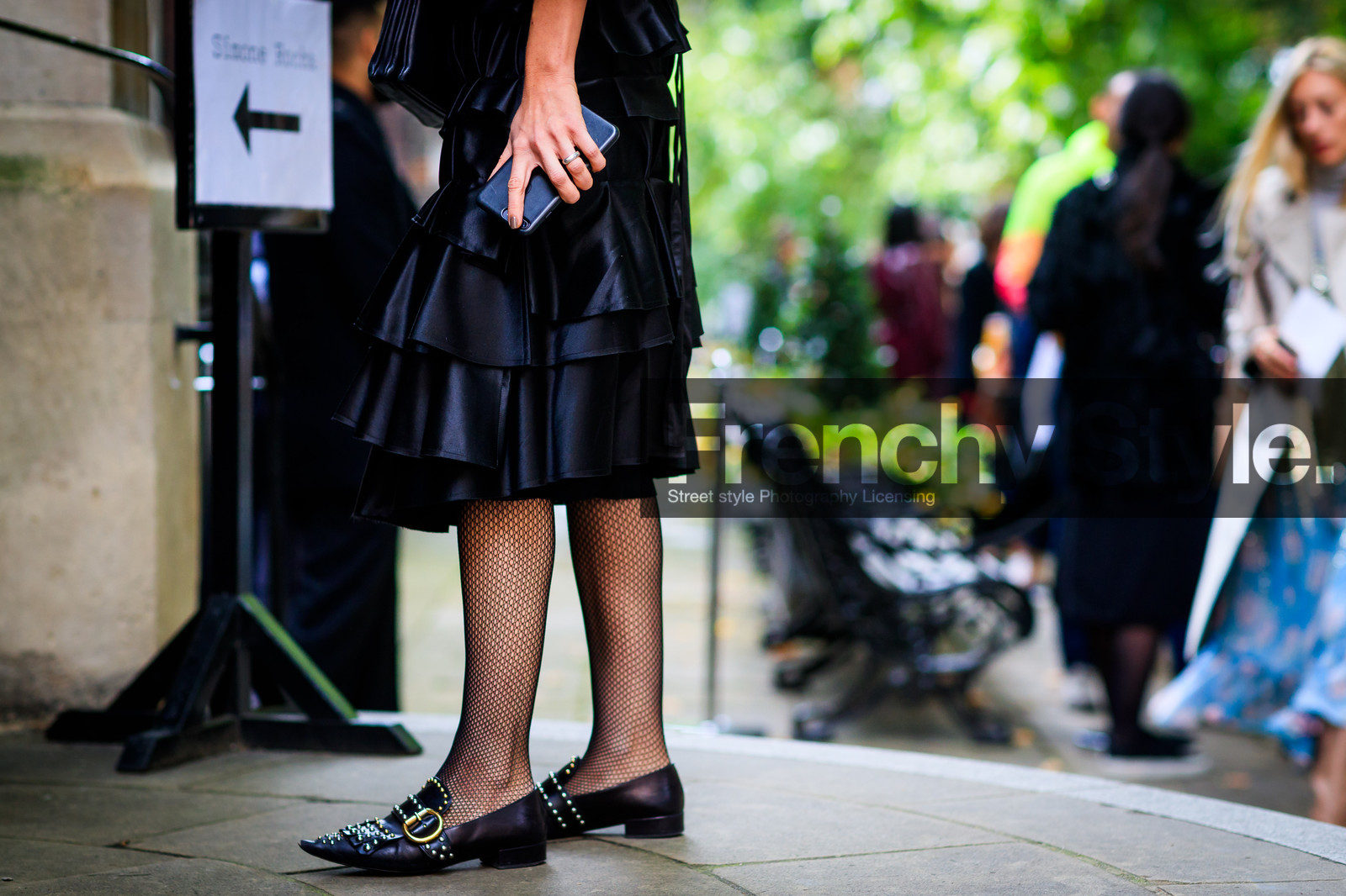 atmosphere details, black shoes, black skirt, detail, fashion week, frenchystyle, FW, horizontal, jonathan paciullo, leather shoes, leather skirt, LFW, LONDON, prada, ruffles, SPRING SUMMER 2018, SS 18, street style, studs