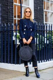 black bag, black denim, black shoes, blazer, blue jacket, denim pants, graphic bag, high heels, jeans, leather bag, leather shoes, sunglasses, trousers, fashion week, frenchystyle, FW, jonathan paciullo, street style, LFW, LONDON, AUTUMN WINTER 2018-2019, AW 18-19, FALL WINTER 2018-2019, FW 18-19, vertical, full length
