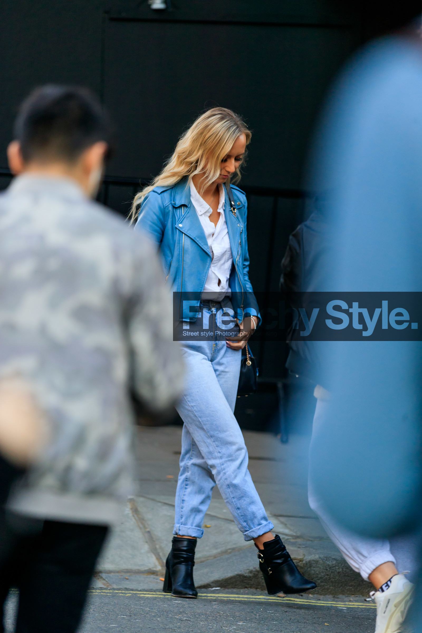 black shoes, blue denim, blue jacket, denim pants, high heels, jeans, leather jacket, leather perfecto, leather shoes, trousers, white shirt, street style, jonathan paciullo, FW, frenchystyle, fashion week, LFW, LONDON, AUTUMN WINTER 2019-2020, AW 19-20, FW 19-20, FALL WINTER 2019-2020, vertical, full length