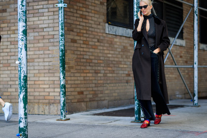 atmosphere details, black denim, black shirt, brown coat, denim pants, fashion week, frenchystyle, full length, FW, horizontal, jeans, jonathan paciullo, loafers, model, NEW YORK, NYFW, polka dot, printed shirt, red shoes, SPRING SUMMER 2018, SS 18, street style, sunglasses, trousers