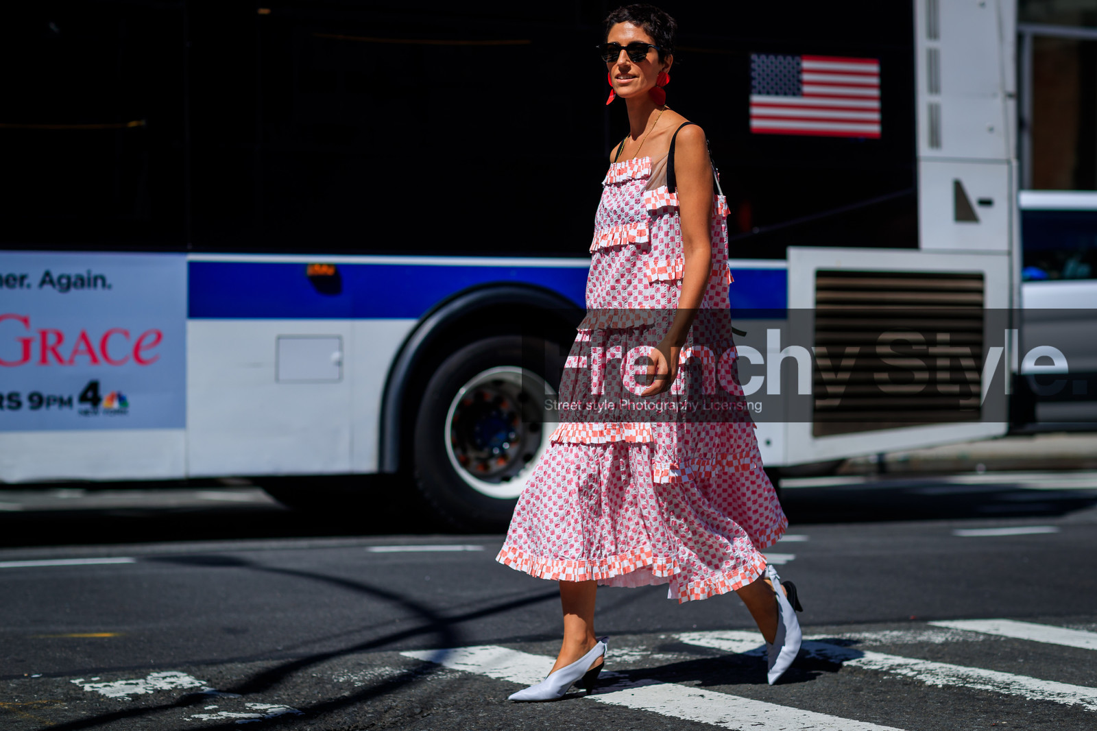 atmosphere details, cartier, checked dress, earrings, fashion week, frenchystyle, full length, FW, graphic dress, high heels, horizontal, jonathan paciullo, leather shoes, NEW YORK, NYFW, pink dress, plaid, printed dress, SPRING SUMMER 2018, SS 18, street style, sunglasses, watch, white shoes, yasmin sewell