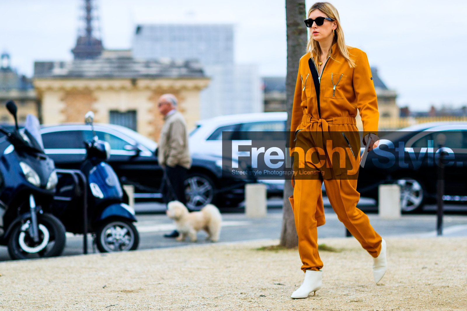 atmosphere details, AUTUMN WINTER 2017-2018, avery blanchard, AW 17-18, camille charriere, FALL WINTER 2017-2018, fashion week, frenchystyle, full length, FW, FW 17-18, horizontal, jonathan paciullo, leather bag, leather shoes, orange bag, orange jumpsuit, PARIS, PFW, street style, sunglasses, trousers, white boots
