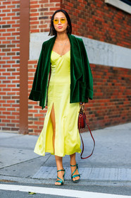 aimee song, bordeaux, burgundy, chloé, fashion week, frenchystyle, full length, FW, green jacket, green shoes, high heels, jonathan paciullo, leather bag, leather shoes, NEW YORK, NYFW, red bag, slip dress, SPRING SUMMER 2018, SS 18, street style, sunglasses, velvet, vertical, yellow dress