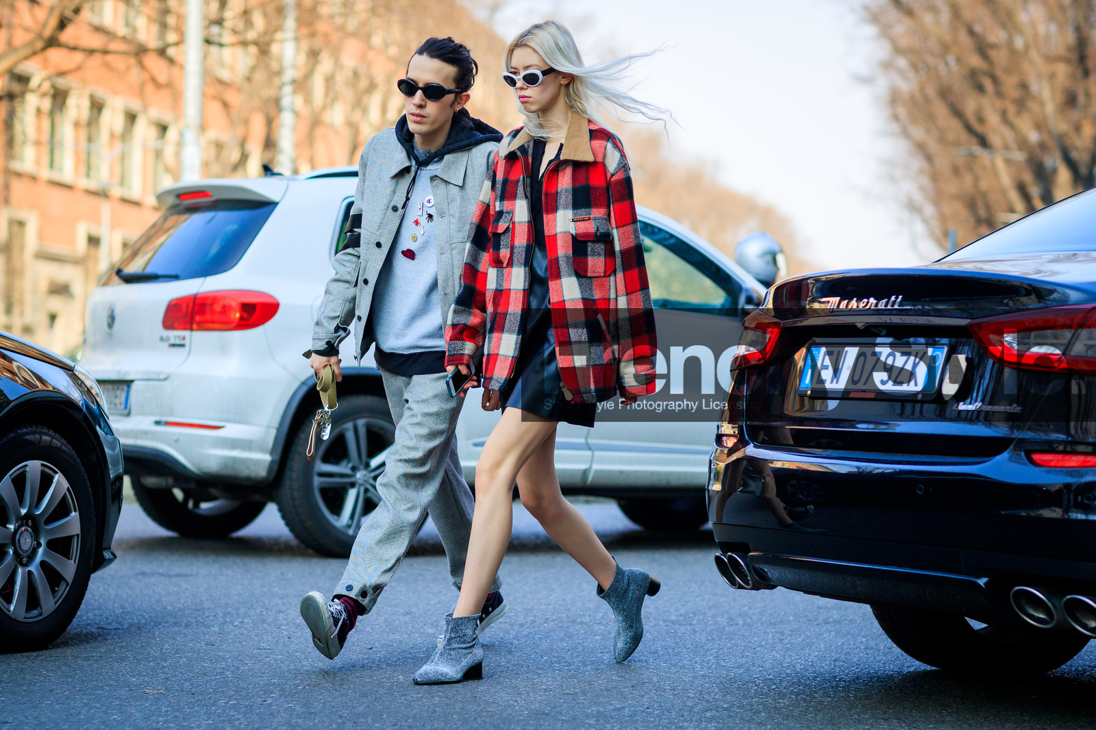 atmosphere details, AUTUMN WINTER 2017-2018, AW 17-18, black dress, checked shirt, FALL WINTER 2017-2018, fashion week, frenchystyle, full length, fun sunglasses, FW, FW 17-18, graphic jacket, graphic shirt, grey jacket, grey pants, grey sweater, high heels, hoodie, horizontal, jonathan paciullo, leather dress, leather shoes, MFW, MILAN, pins, plaid, printed jacket, printed shirt, red shirt, silver shoes, street style, sunglasses