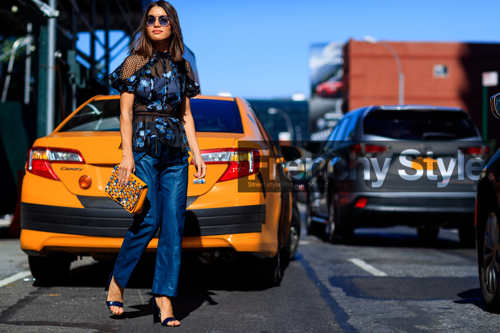 atmosphere details, blue pants, blue shirt, camila coelho, fashion week, fishnet, floral, flowers, frenchystyle, full length, FW, graphic bag, high heels, horizontal, jonathan paciullo, leather bag, leather pants, leather shoes, NEW YORK, NYFW, orange bag, printed bag, printed shirt, SPRING SUMMER 2018, SS 18, street style, sunglasses, trousers