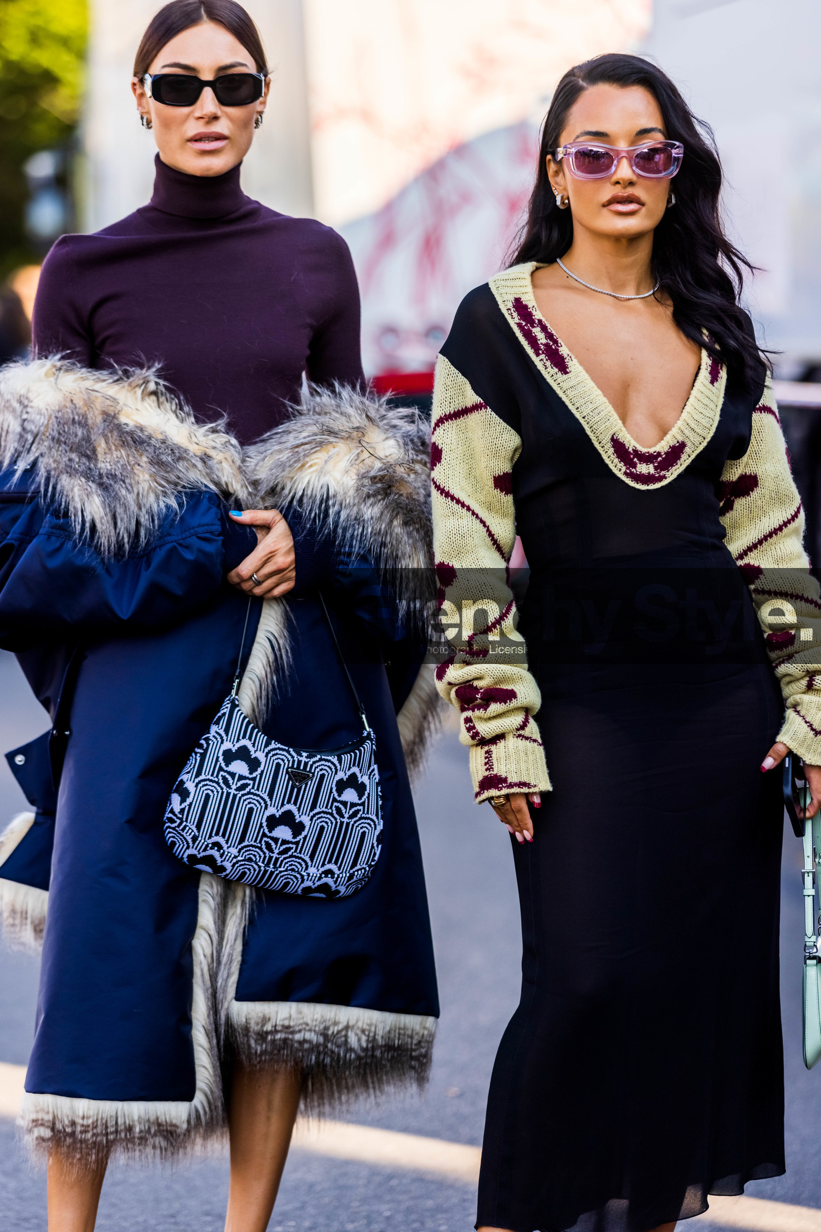 Amina Muaddi, bicolor bag, black coat, black dress, black sunglasses, cleo bag, dress, flower, flower print, fur coat, Giorgia Tordini, jacquard, knitted dress, long dress, pink sunglasses, prada bag, prada dress, prada look, print, printed bag, purple turtleneck, sunglasses, turtleneck, fashion week, frenchystyle, FW, jonathan paciullo, street style, SPRING SUMMER 2022, SS 22, MFW, MILAN, vertical, atmosphere details