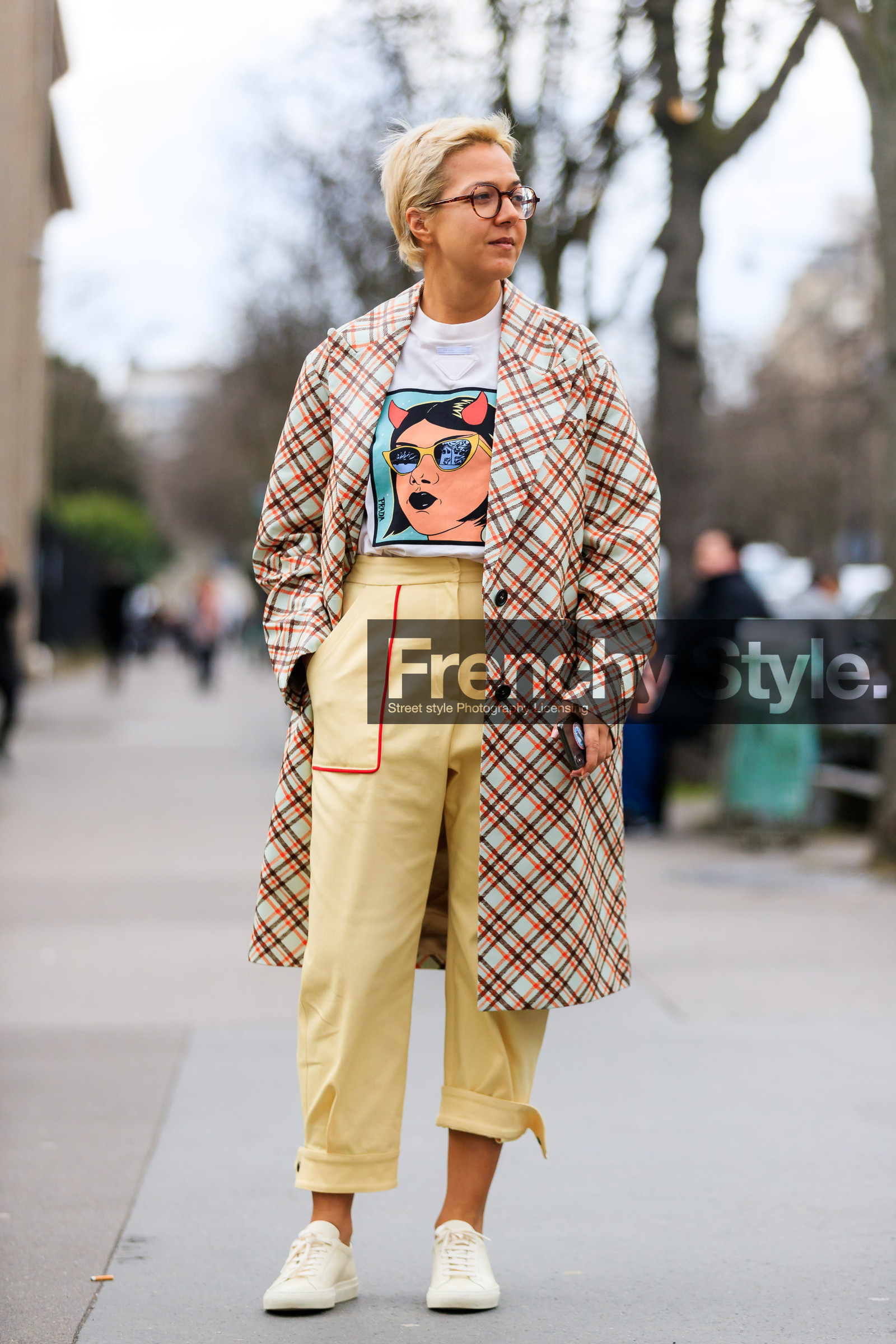 brown jacket, checked, graphic jacket, leather shoes, plaid, printed jacket, printed t shirt, trousers, white sneakers, white t shirt, yellow pants, street style, jonathan paciullo, FW, frenchystyle, fashion week, PFW, PARIS, AUTUMN WINTER 2018-2019, FALL WINTER 2018-2019, FW 18-19, vertical, full length