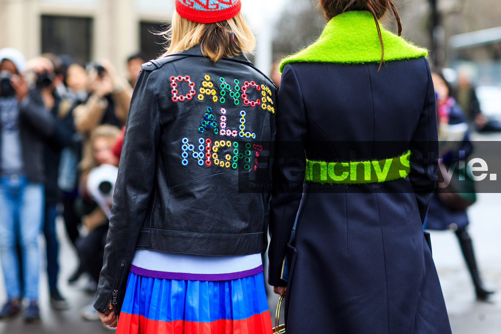 atmosphere details, AUTUMN WINTER 2016-2017, AW 16-17, back detail, belted coat, black jacket, black perfecto, blue coat, blue skirt, detail, elisa nalin, embroidered jacket, embroideries, FALL WINTER 2016-2017, fashion week, fluo, frenchystyle, FW, FW 16-17, graphic coat, graphic skirt, horizontal, jonathan paciullo, leather jacket, leather perfecto, message, michelle elie, overcoat, PARIS, PFW, pleated skirt, printed jacket, red beanie, red skirt, street style, striped skirt