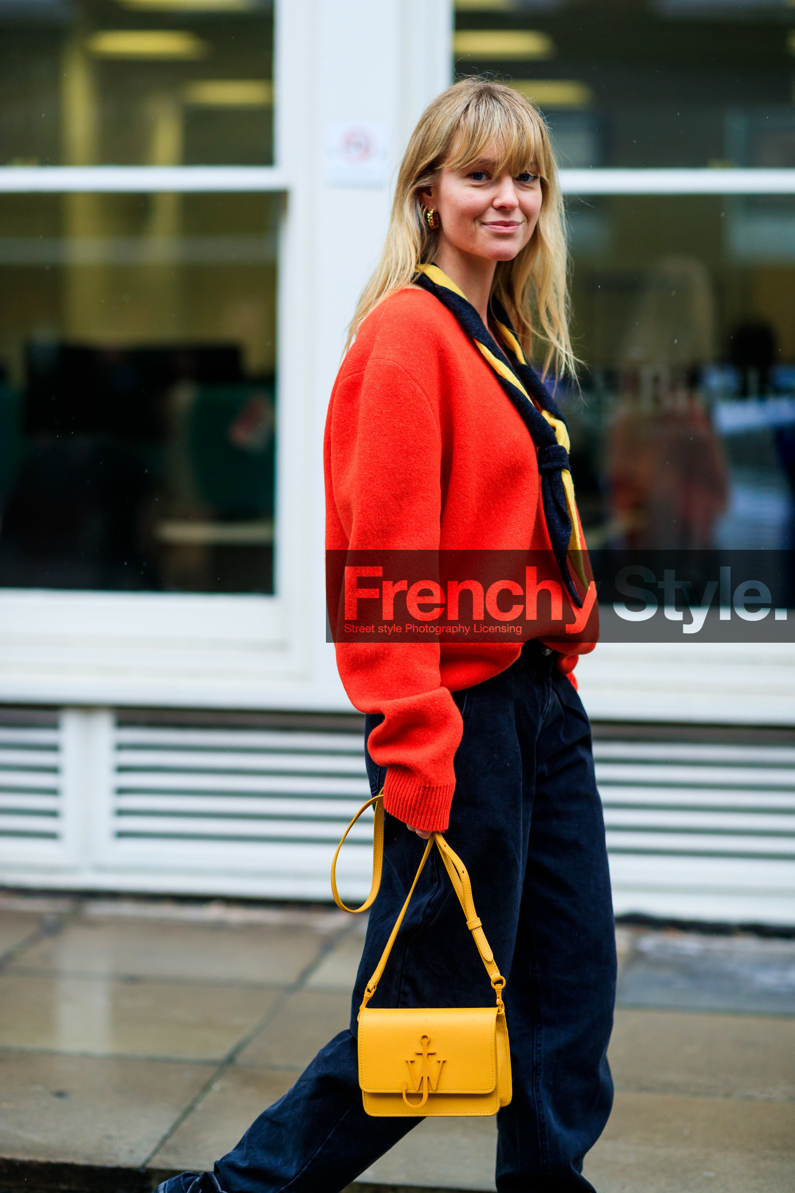 black denim, denim pants, jeanette madsen, jeans, jw anderson, leather bag, red sweater, trousers, yellow bag, yellow scarf, LONDON, LFW, fashion week, frenchystyle, FW, jonathan paciullo, street style, AUTUMN WINTER 2019-2020, AW 19-20, FW 19-20, FALL WINTER 2019-2020, vertical, atmosphere details, detail