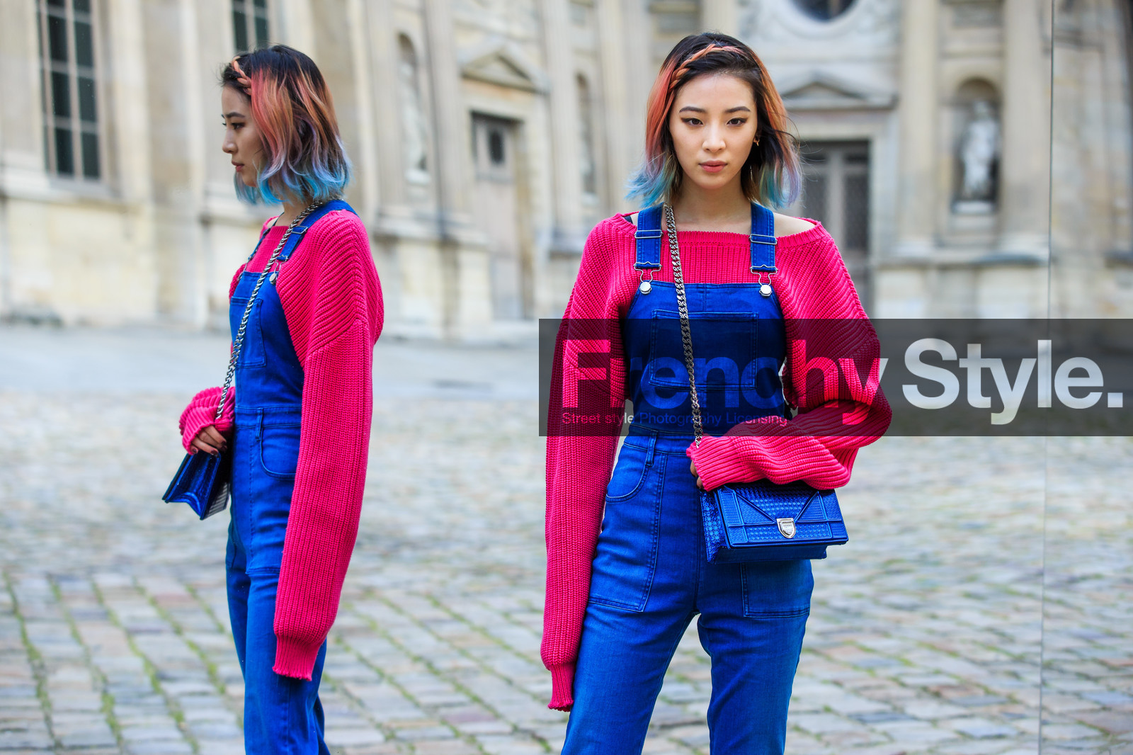 atmosphere details, AUTUMN WINTER 2016-2017, AW 16-17, blue bag, blue denim, braids, christian dior, denim jumpsuit, denim overall, detail, dyed hair, FALL WINTER 2016-2017, fashion week, frenchystyle, FW, FW 16-17, horizontal, irene kim, jonathan paciullo, leather bag, metallic bag, PARIS, PFW, pink hair, pink sweater, shiny bag, street style