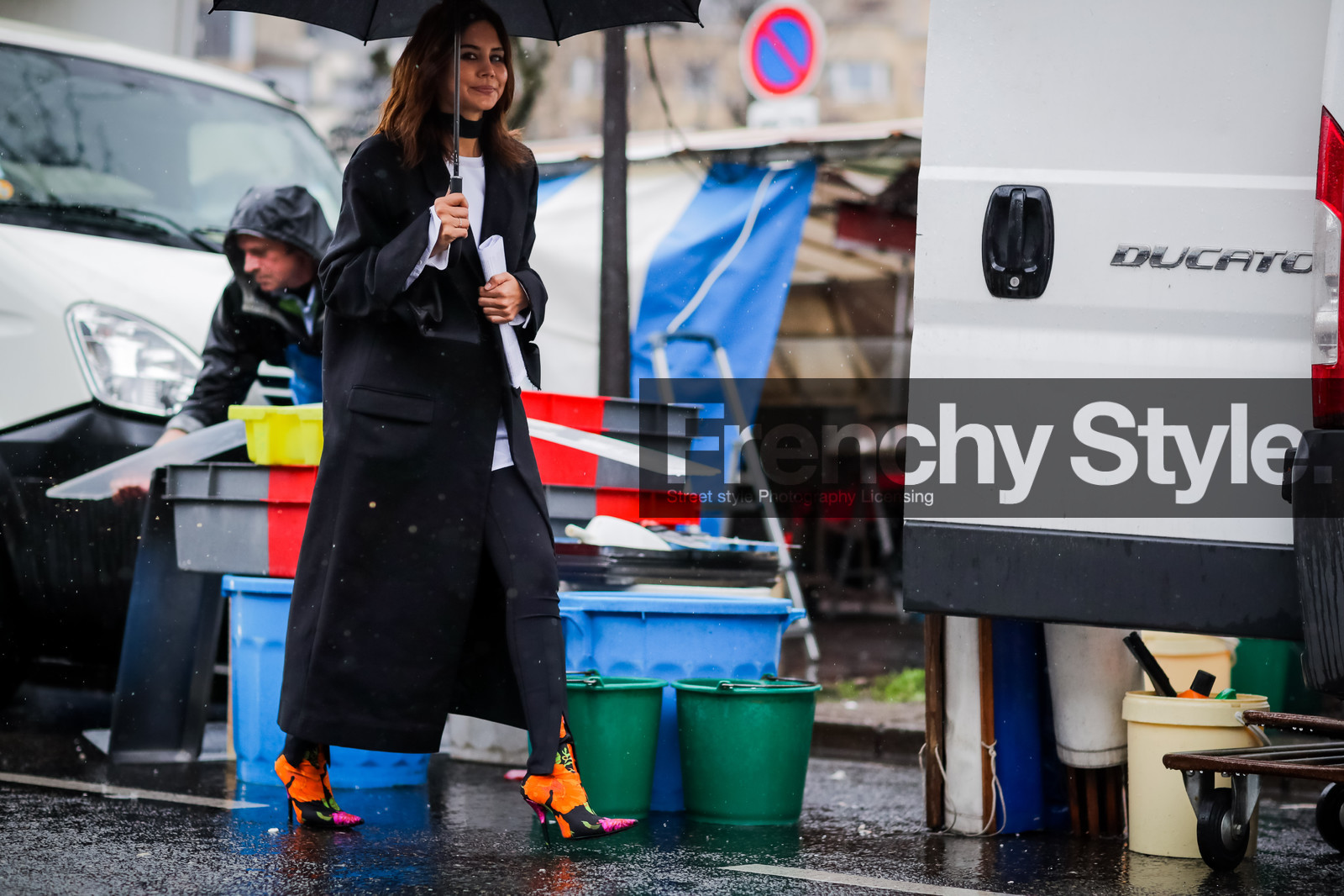 atmosphere details, AUTUMN WINTER 2017-2018, AW 17-18, balenciaga, black coat, black pants, Christine Centenera, FALL WINTER 2017-2018, fashion week, floral, flower, frenchystyle, full length, FW, FW 17-18, high heels, horizontal, jonathan paciullo, leather shoes, PARIS, PFW, printed boots, street style, trousers, umbrella