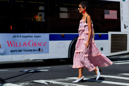 atmosphere details, cartier, checked dress, earrings, fashion week, frenchystyle, full length, FW, graphic dress, high heels, horizontal, jonathan paciullo, leather shoes, NEW YORK, NYFW, pink dress, plaid, printed dress, SPRING SUMMER 2018, SS 18, street style, sunglasses, watch, white shoes, yasmin sewell