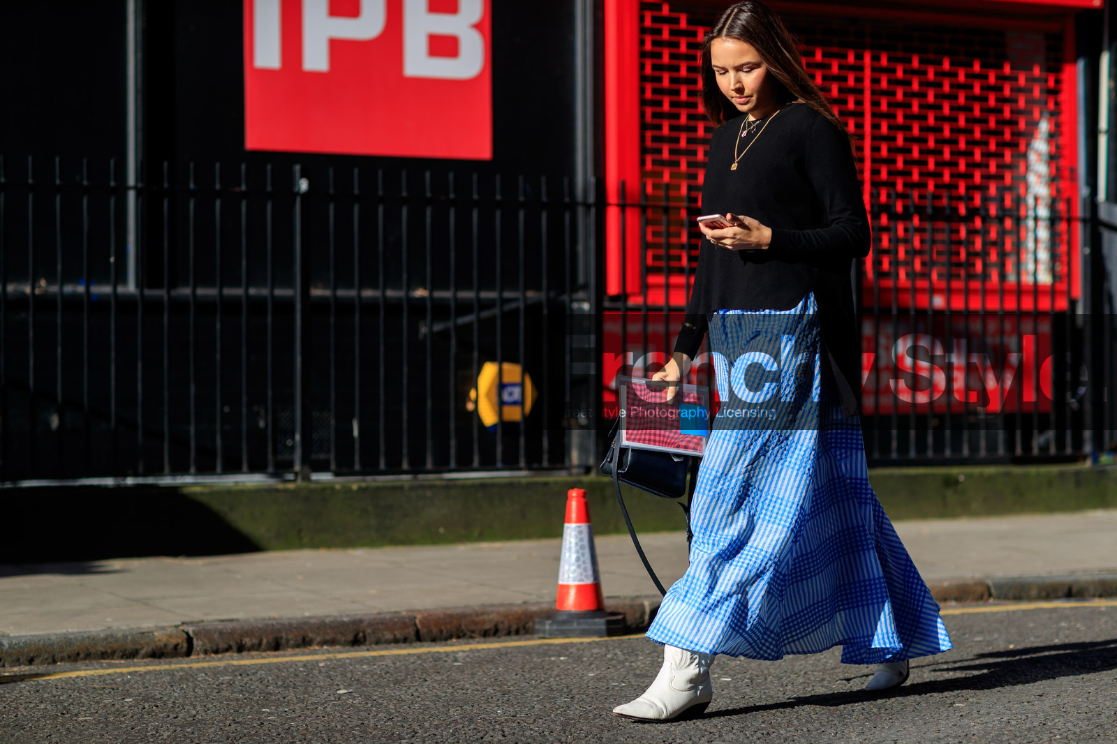 black sweater, blue skirt, graphic skirt, leather bag, leather shoes, necklace, printed skirt, white shoes, fashion week, frenchystyle, FW, jonathan paciullo, street style, LFW, LONDON, AUTUMN WINTER 2018-2019, AW 18-19, FALL WINTER 2018-2019, FW 18-19, horizontal, atmosphere details, full length