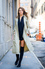 beige coat, black dress, black shoes, fashion week, frenchystyle, full length, FW, high boots, jonathan paciullo, leather shoes, model, NEW YORK, NYFW, SPRING SUMMER 2018, SS 18, street style, suede shoes, trench coat, vertical
