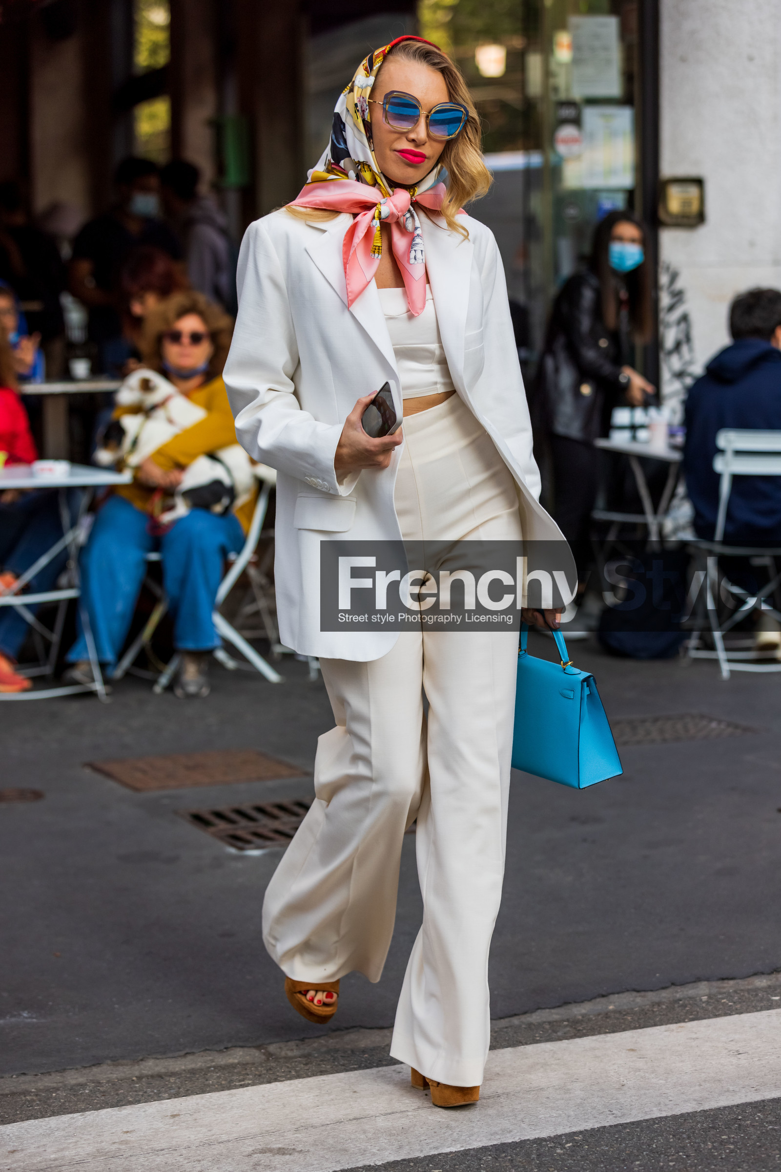 birkin bag, blue bag, color, crop top, hermes bag, hermes scarf, high waist pants, leather bag, printed scarf, red lips, scarf, sunglasse, white blazer, white crop top, white monochrome, white pants, fashion week, frenchystyle, FW, jonathan paciullo, street style, MFW, MILAN, SPRING SUMMER 2022, SS 22, vertical, full length