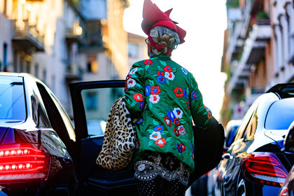 animal print, atmosphere details, detail, earrings, fashion week, floral, flowers, frenchystyle, FW, graphic jacket, green jacket, gucci, horizontal, jonathan paciullo, leopard print, MFW, MILAN, printed jacket, red hat, SPRING SUMMER 2018, SS 18, street style, sunglasses