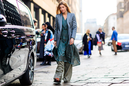 ada kokosar, atmosphere details, AUTUMN WINTER 2017-2018, AW 17-18, blazer, FALL WINTER 2017-2018, fashion week, frenchystyle, full length, FW, FW 17-18, green dress, green pants, grey jacket, horizontal, jonathan paciullo, leather shoes, MFW, MILAN, silk dress, street style, trousers, wide pants