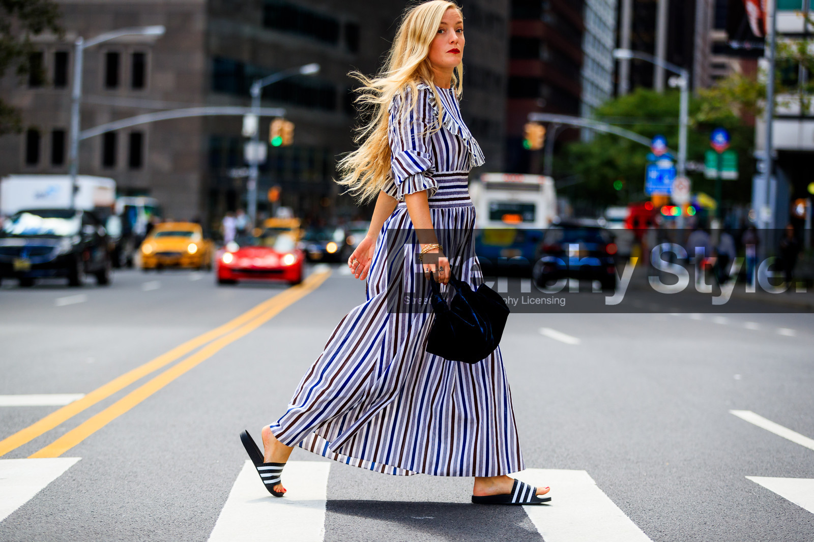 atmosphere details, black sandals, blue bag, fashion week, frenchystyle, full length, FW, graphic dress, horizontal, jonathan paciullo, kate foley, leather bag, long dress, NEW YORK, NYFW, printed dress, slides, SPRING SUMMER 2018, SS 18, street style, striped dress, stripes, velvet